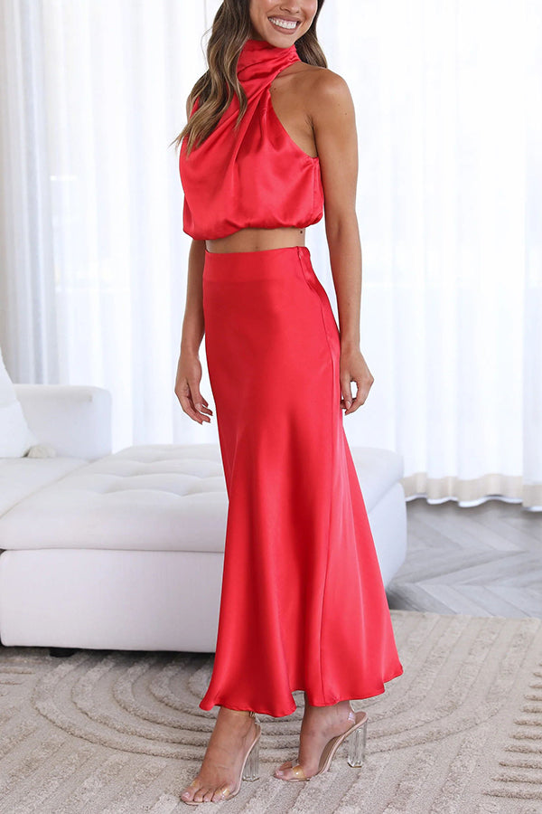 Women's Skirt Set Satin High Neck Drape Maxi Matching Formal Wear