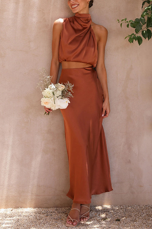 Women's Skirt Set Satin High Neck Drape Maxi Matching Formal Wear