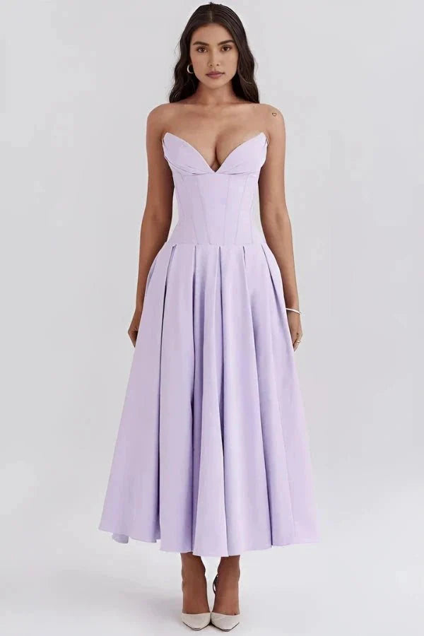Women's Midi Dress Strapless Boned Bodice Full Skirt Zip Back