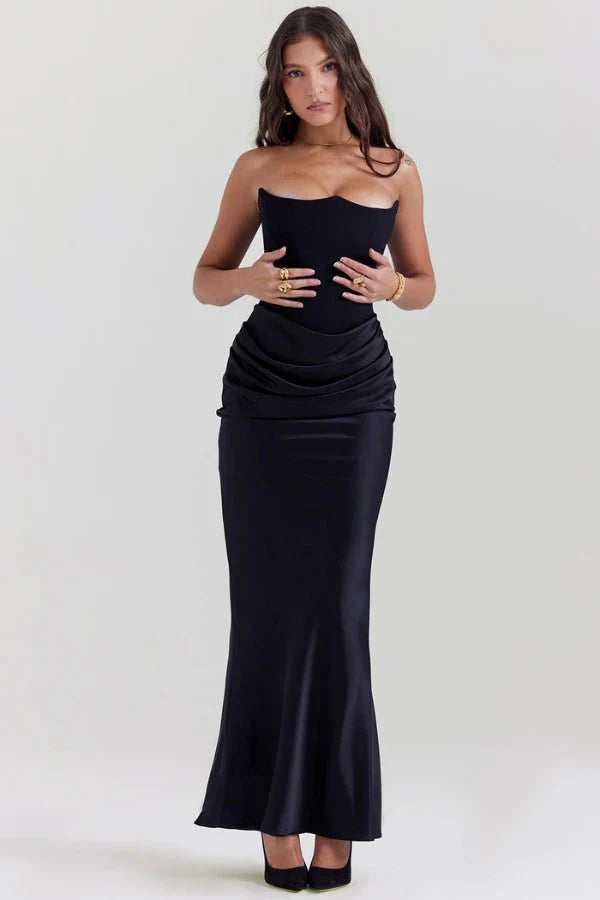 Women's Gown Strapless Corset Satin Structured Bodice Maxi Length