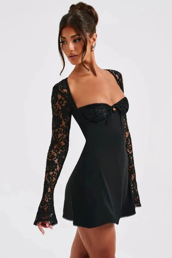 Women's Mini Dress Lace Floral Structured Cup Flare Sleeve Fitted