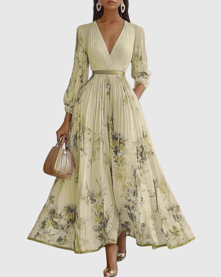 Women's Velvet Maxi Dress Pleated Long Sleeve