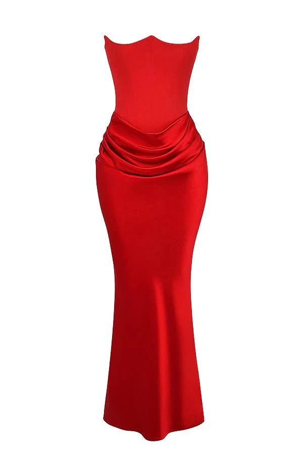 Women's Gown Strapless Corset Satin Structured Bodice Maxi Length
