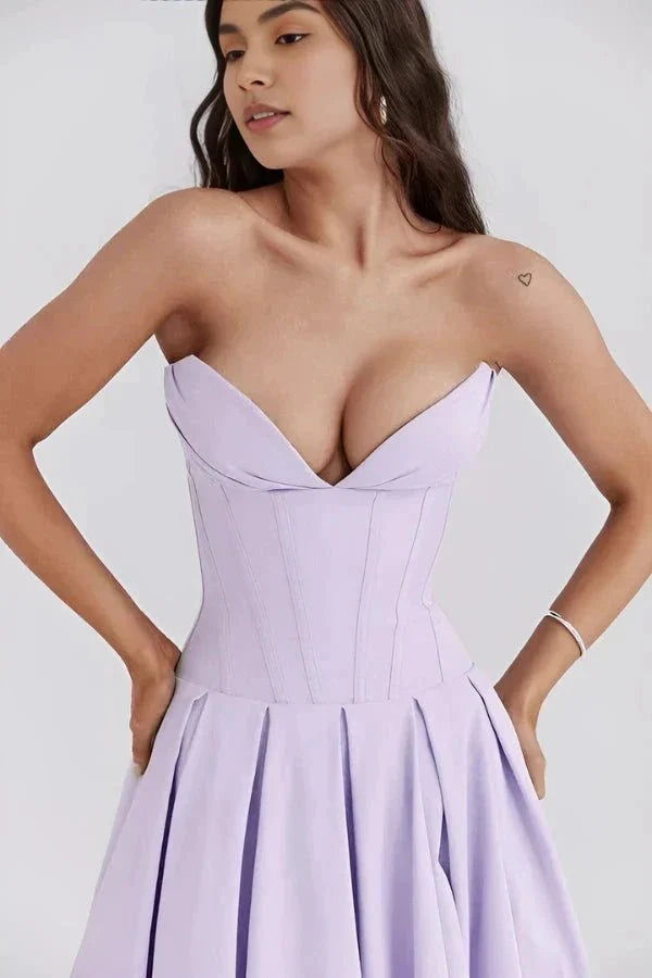 Women's Midi Dress Strapless Boned Bodice Full Skirt Zip Back