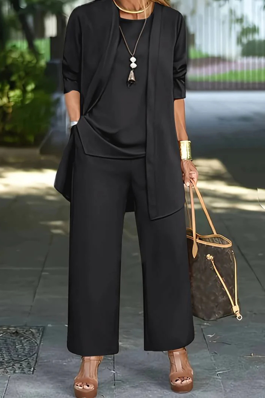 Women's Three Piece Set Sleeveless Top Long Sleeve Open Cardigan Wide Leg Trousers