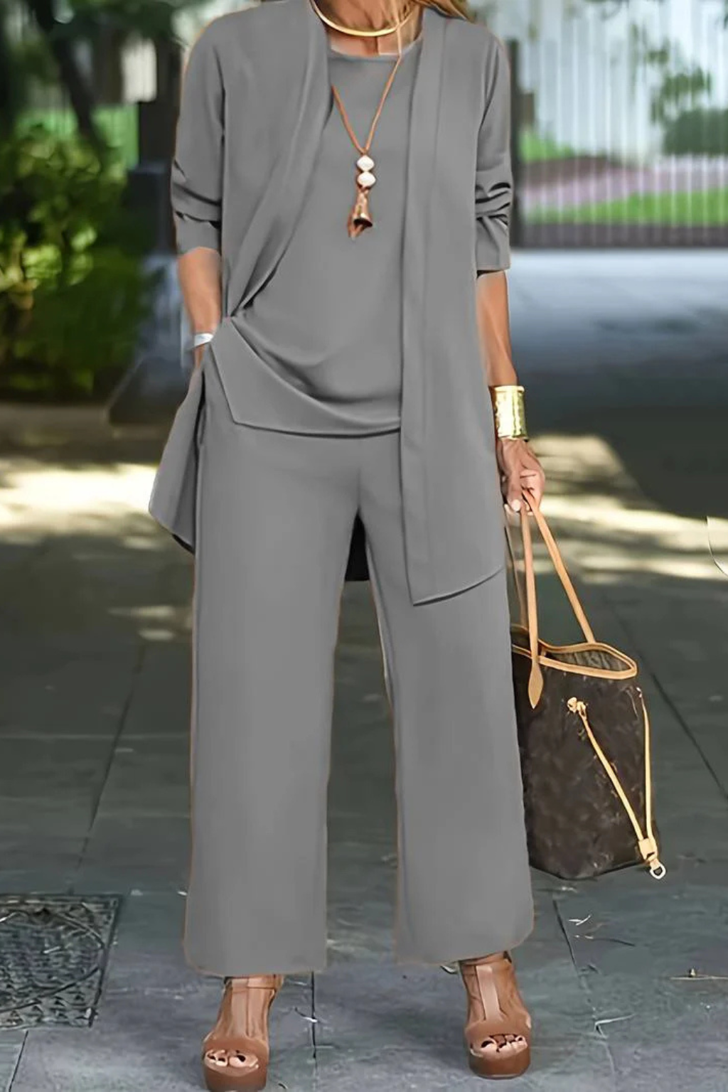 Women's Three Piece Set Sleeveless Top Long Sleeve Open Cardigan Wide Leg Trousers
