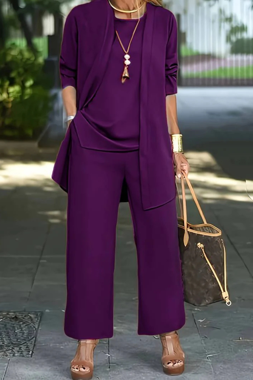 Women's Three Piece Set Sleeveless Top Long Sleeve Open Cardigan Wide Leg Trousers