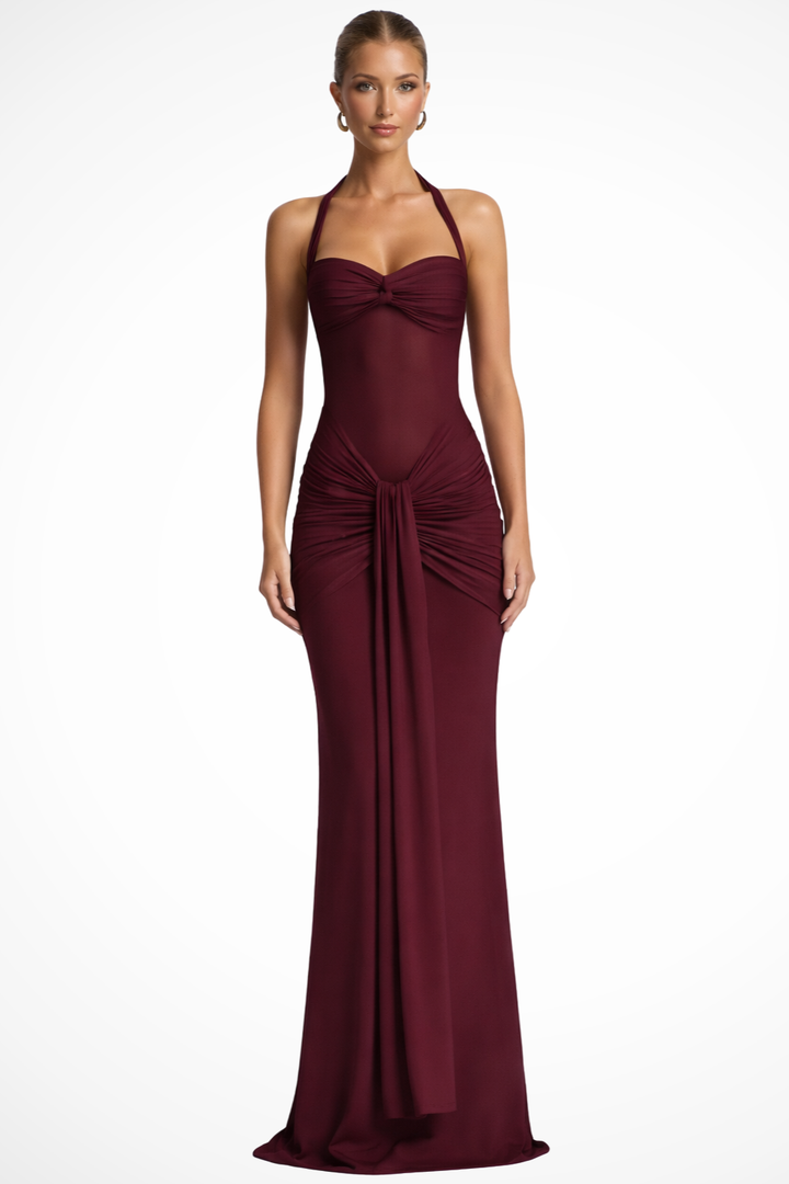 Women's Maxi Dress Satin Sleeveless Ruched Slim Fit Halter Neck – Formal