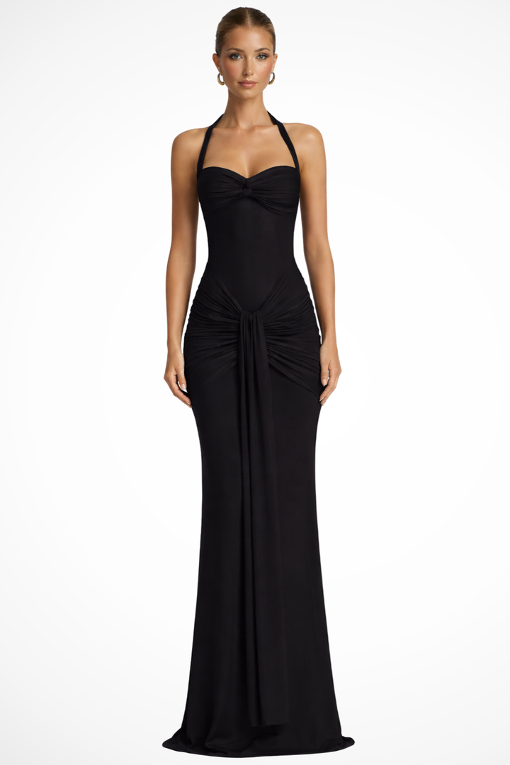 Women's Maxi Dress Satin Sleeveless Ruched Slim Fit Halter Neck – Formal