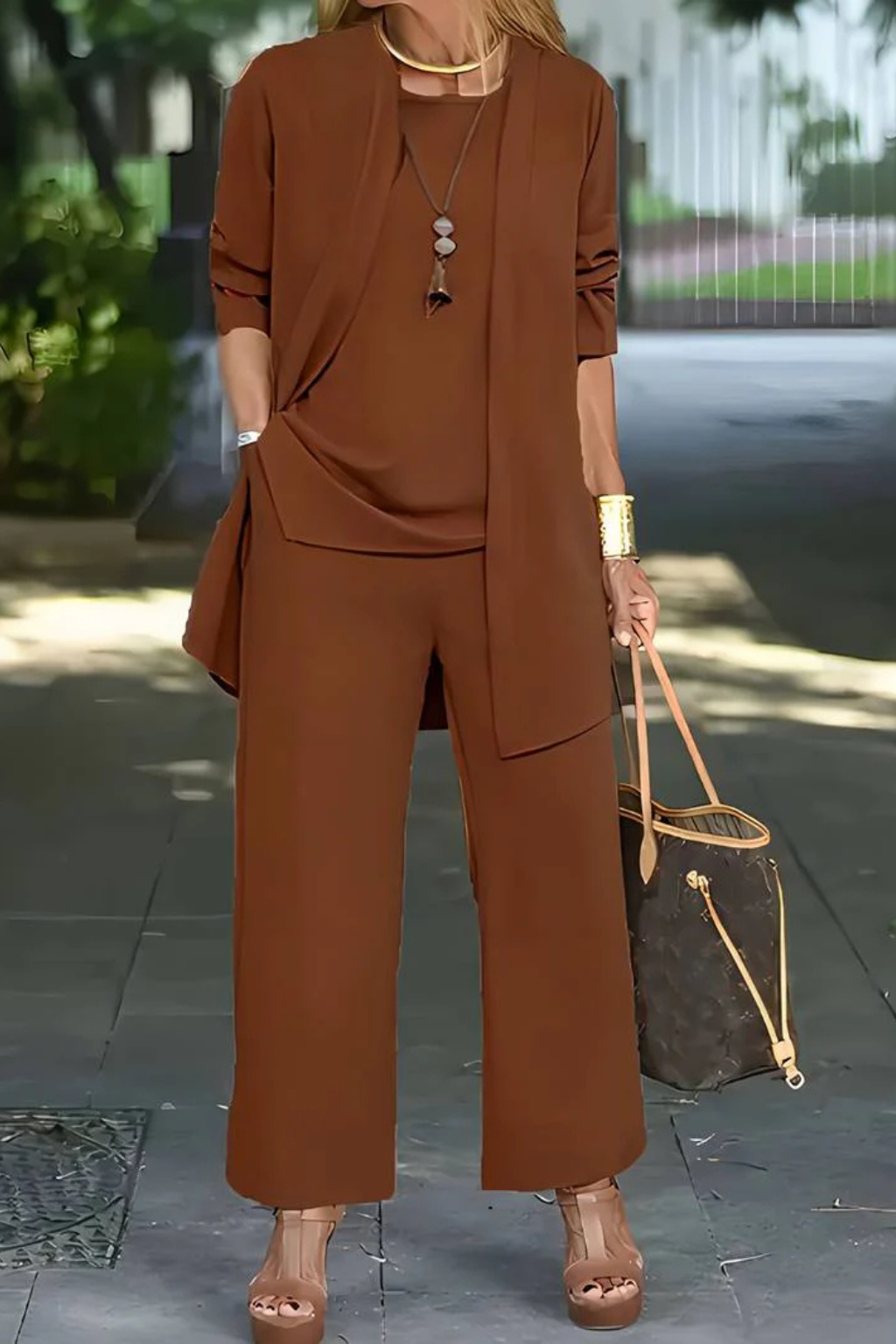 Women's Three Piece Set Sleeveless Top Long Sleeve Open Cardigan Wide Leg Trousers