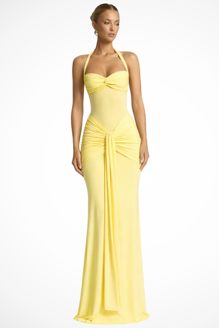 Women's Maxi Dress Satin Sleeveless Ruched Slim Fit Halter Neck – Formal