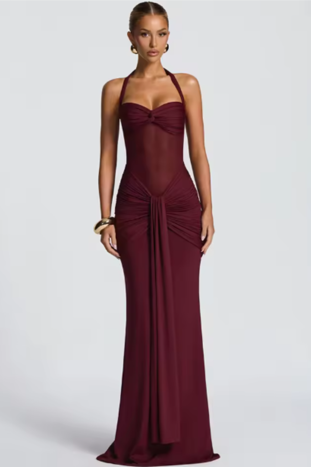 Women's Maxi Dress Satin Sleeveless Ruched Slim Fit Halter Neck – Formal