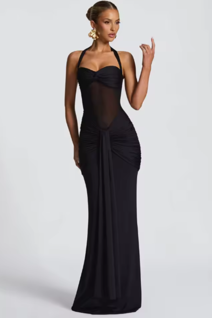 Women's Maxi Dress Satin Sleeveless Ruched Slim Fit Halter Neck – Formal