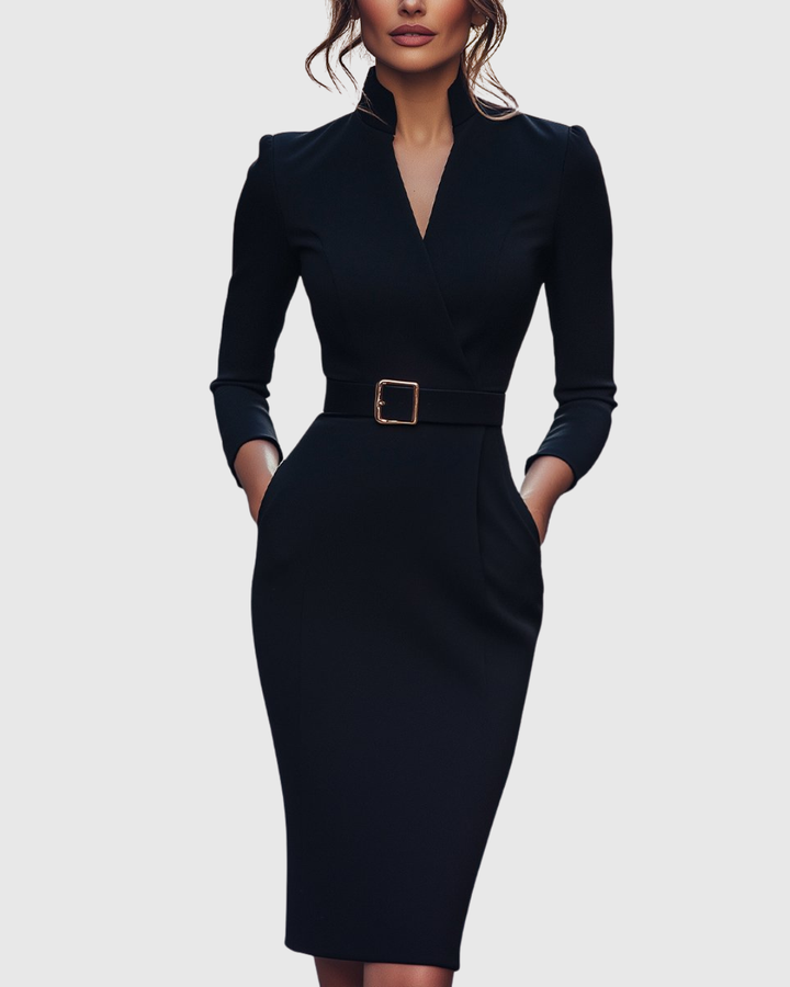 Women's Midi Dress Sheath Slim Fit Three Quarter Sleeve V-Neck Belted
