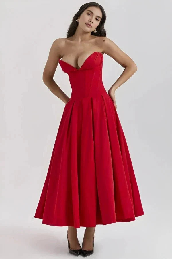 Women's Midi Dress Strapless Boned Bodice Full Skirt Zip Back
