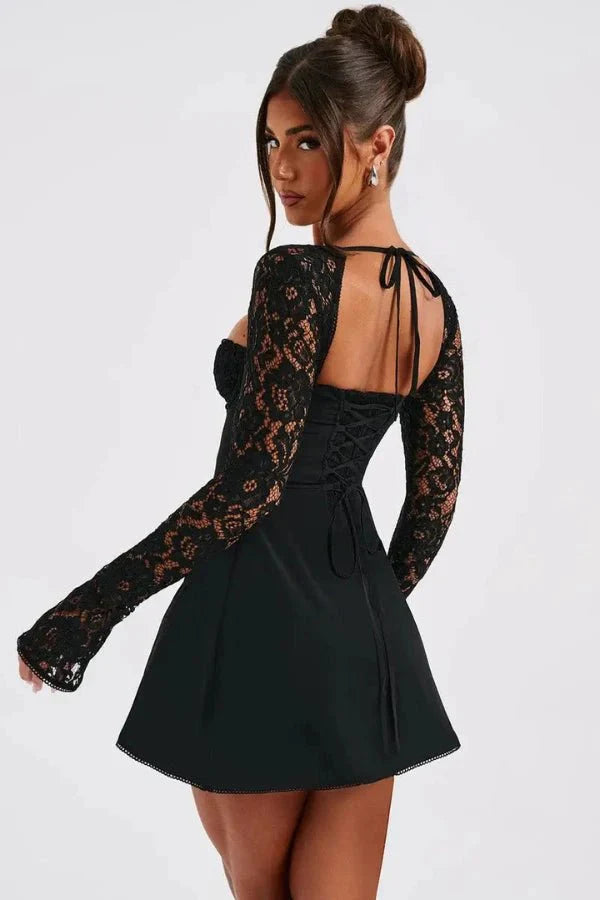 Women's Mini Dress Lace Floral Structured Cup Flare Sleeve Fitted