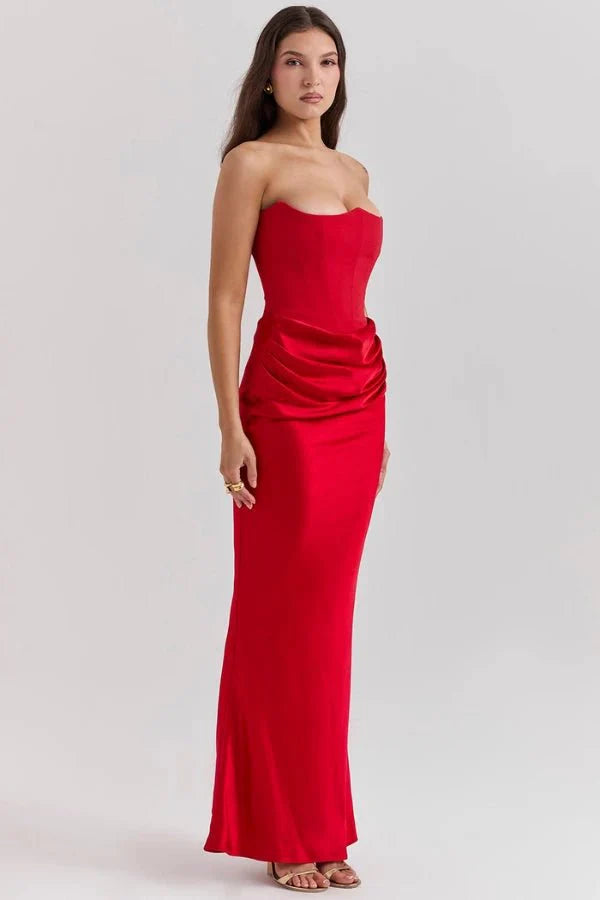 Women's Gown Strapless Corset Satin Structured Bodice Maxi Length