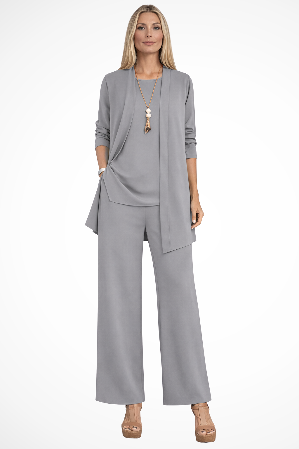 Women's Three Piece Set Sleeveless Top Long Sleeve Open Cardigan Wide Leg Trousers