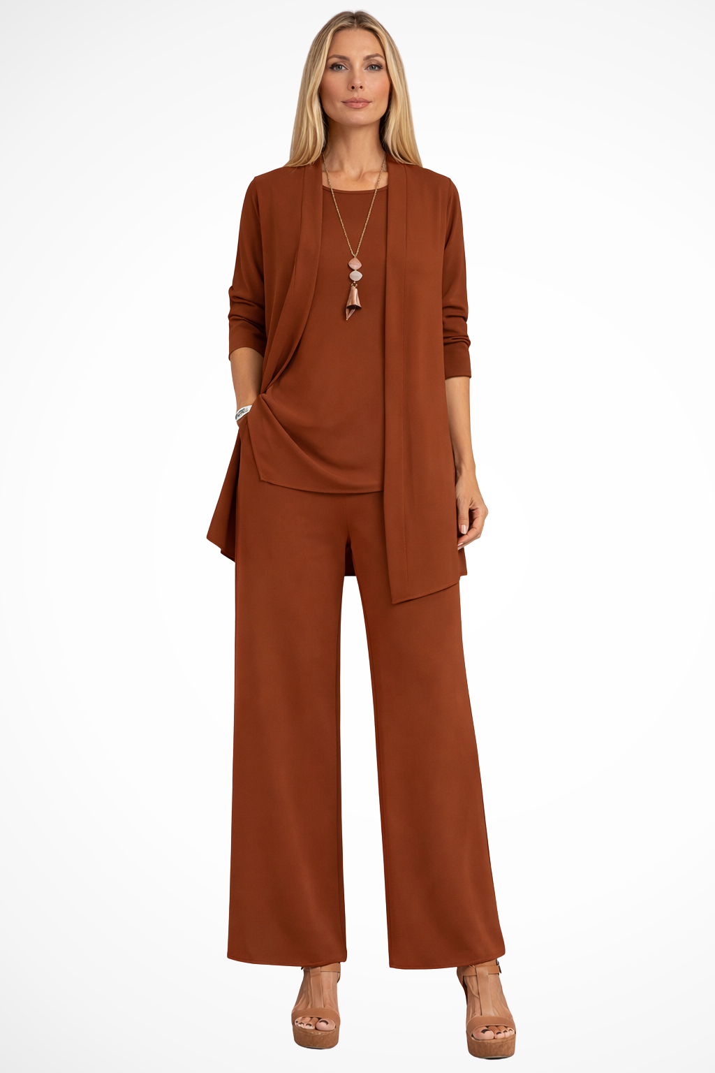 Women's Three Piece Set Sleeveless Top Long Sleeve Open Cardigan Wide Leg Trousers