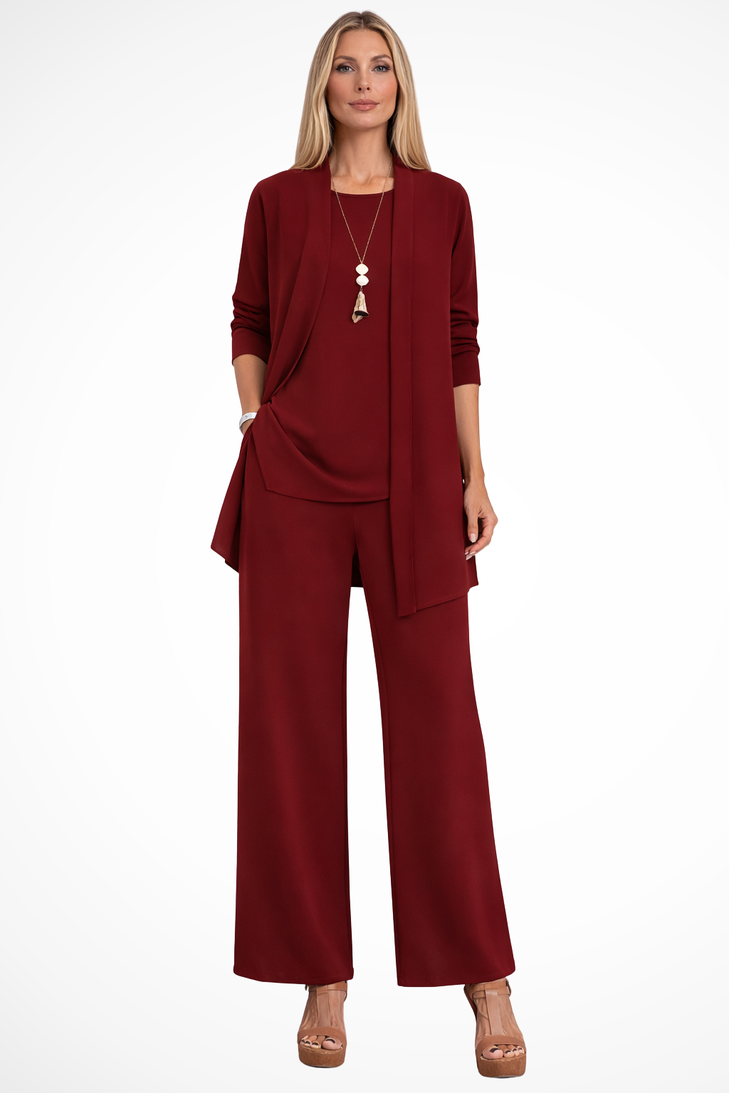 Women's Three Piece Set Sleeveless Top Long Sleeve Open Cardigan Wide Leg Trousers