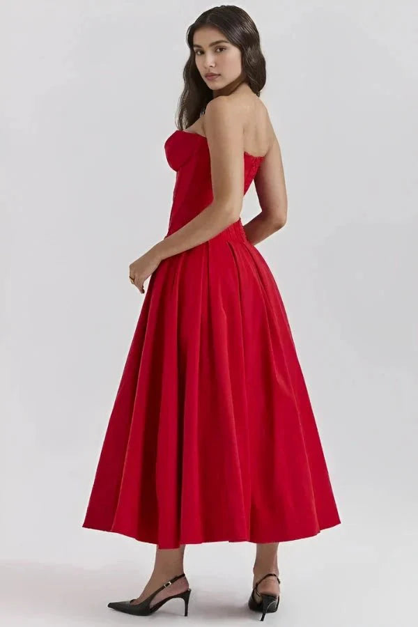 Women's Midi Dress Strapless Boned Bodice Full Skirt Zip Back