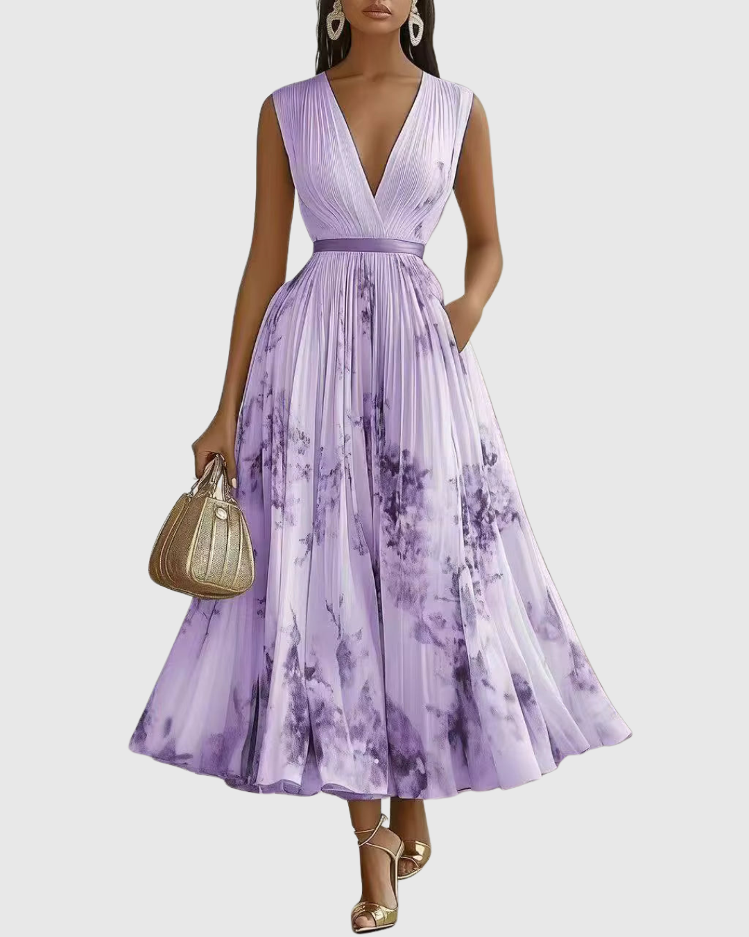 Women's Velvet Maxi Dress Pleated Long Sleeve
