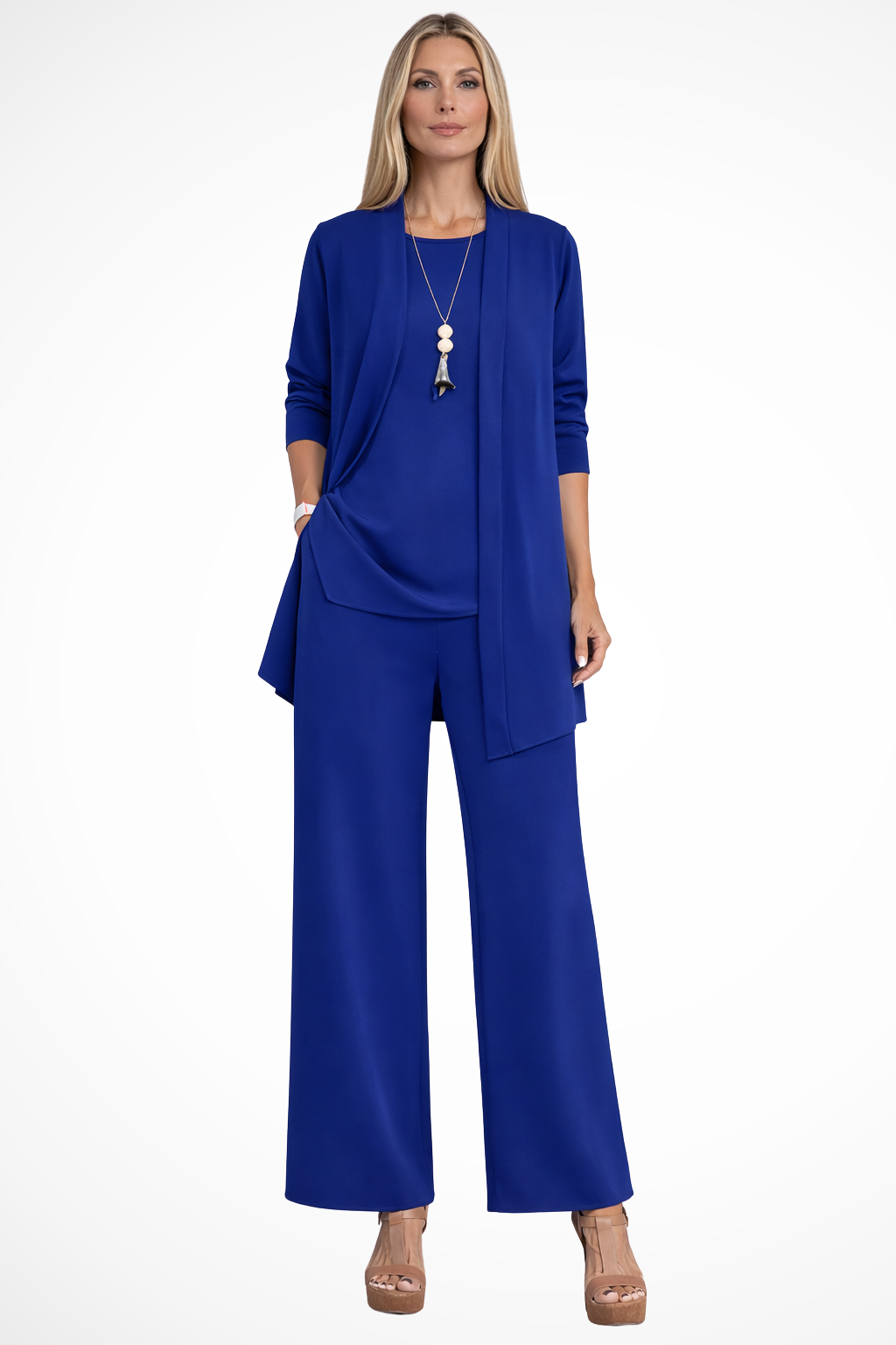 Women's Three Piece Set Sleeveless Top Long Sleeve Open Cardigan Wide Leg Trousers