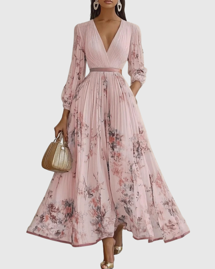 Women's Velvet Maxi Dress Pleated Long Sleeve