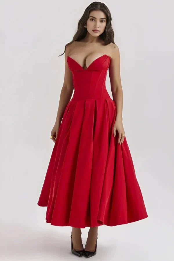 Women's Midi Dress Strapless Boned Bodice Full Skirt Zip Back