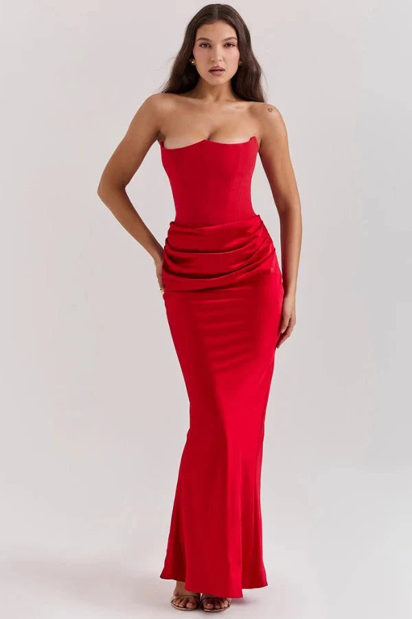 Women's Gown Strapless Corset Satin Structured Bodice Maxi Length