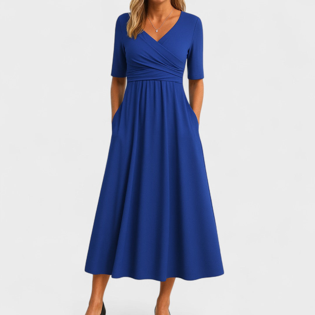 Women's Midi Dress A-Line Wrap V-Neck Three Quarter Sleeve Pockets – Formal