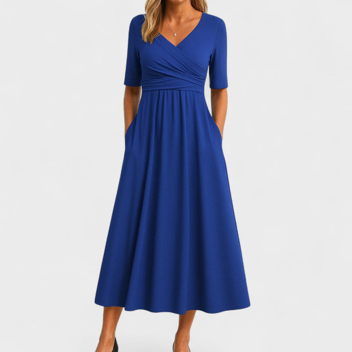 Women's Midi Dress A-Line Wrap V-Neck Three Quarter Sleeve Pockets – Formal