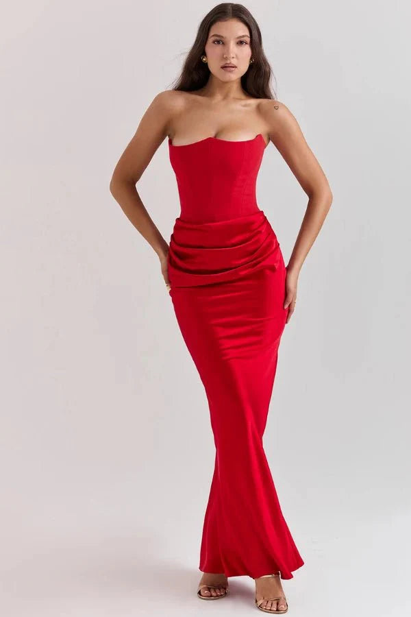Women's Gown Strapless Corset Satin Structured Bodice Maxi Length