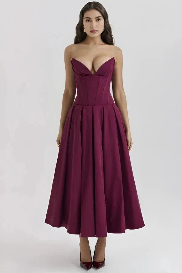 Women's Midi Dress Strapless Boned Bodice Full Skirt Zip Back