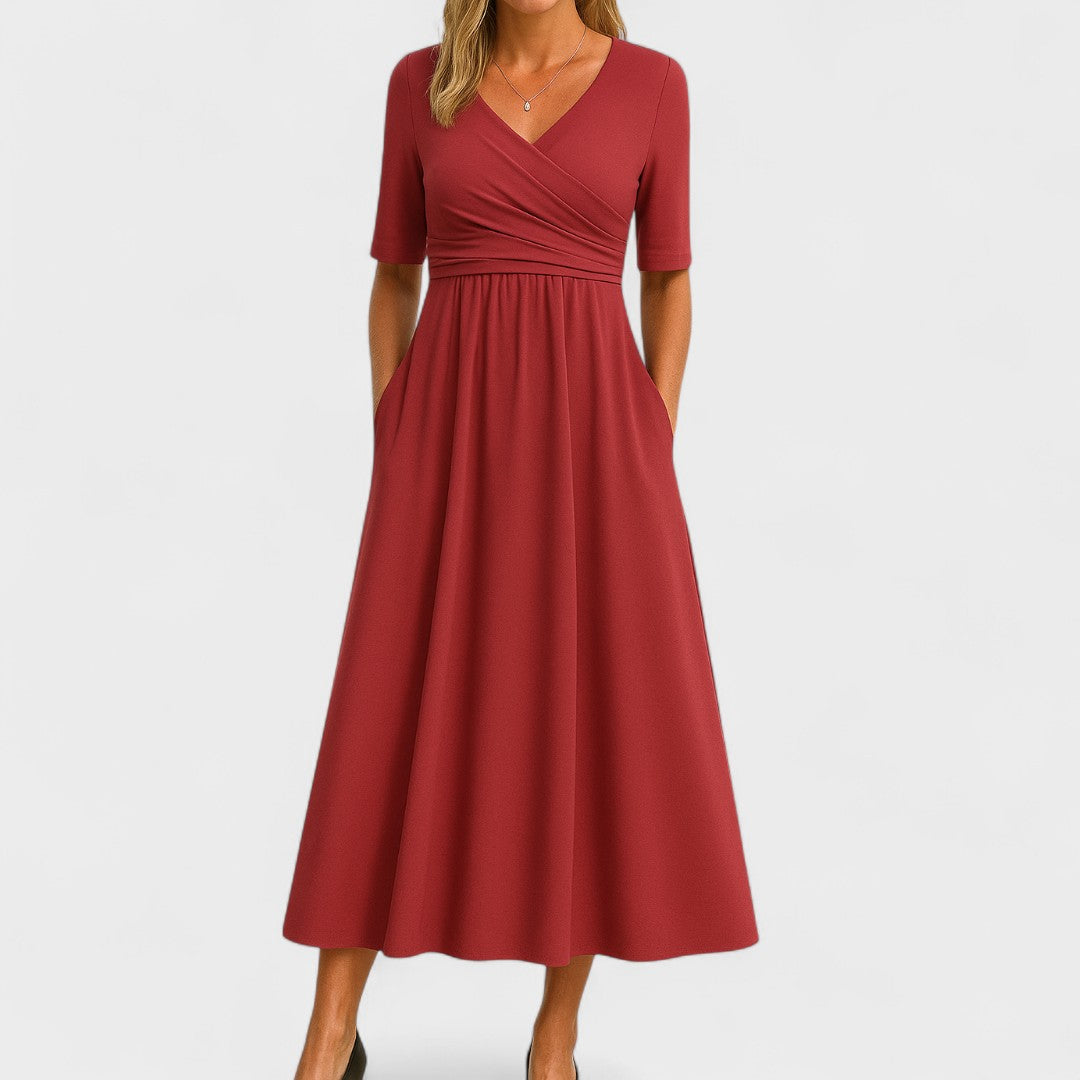 Women's Midi Dress A-Line Wrap V-Neck Three Quarter Sleeve Pockets – Formal