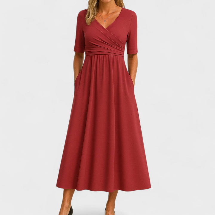 Women's Midi Dress A-Line Wrap V-Neck Three Quarter Sleeve Pockets – Formal