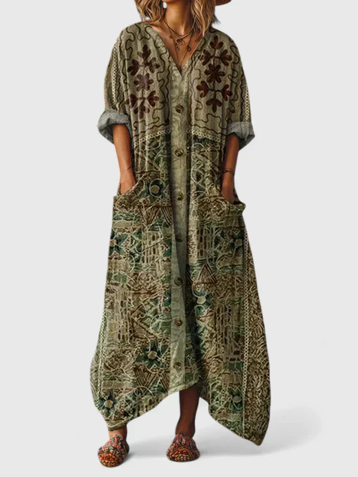 Floral Women's Dress V-Neck Viscose Short Sleeve Maxi Casual