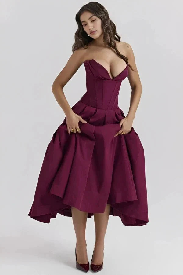 Women's Midi Dress Strapless Boned Bodice Full Skirt Zip Back