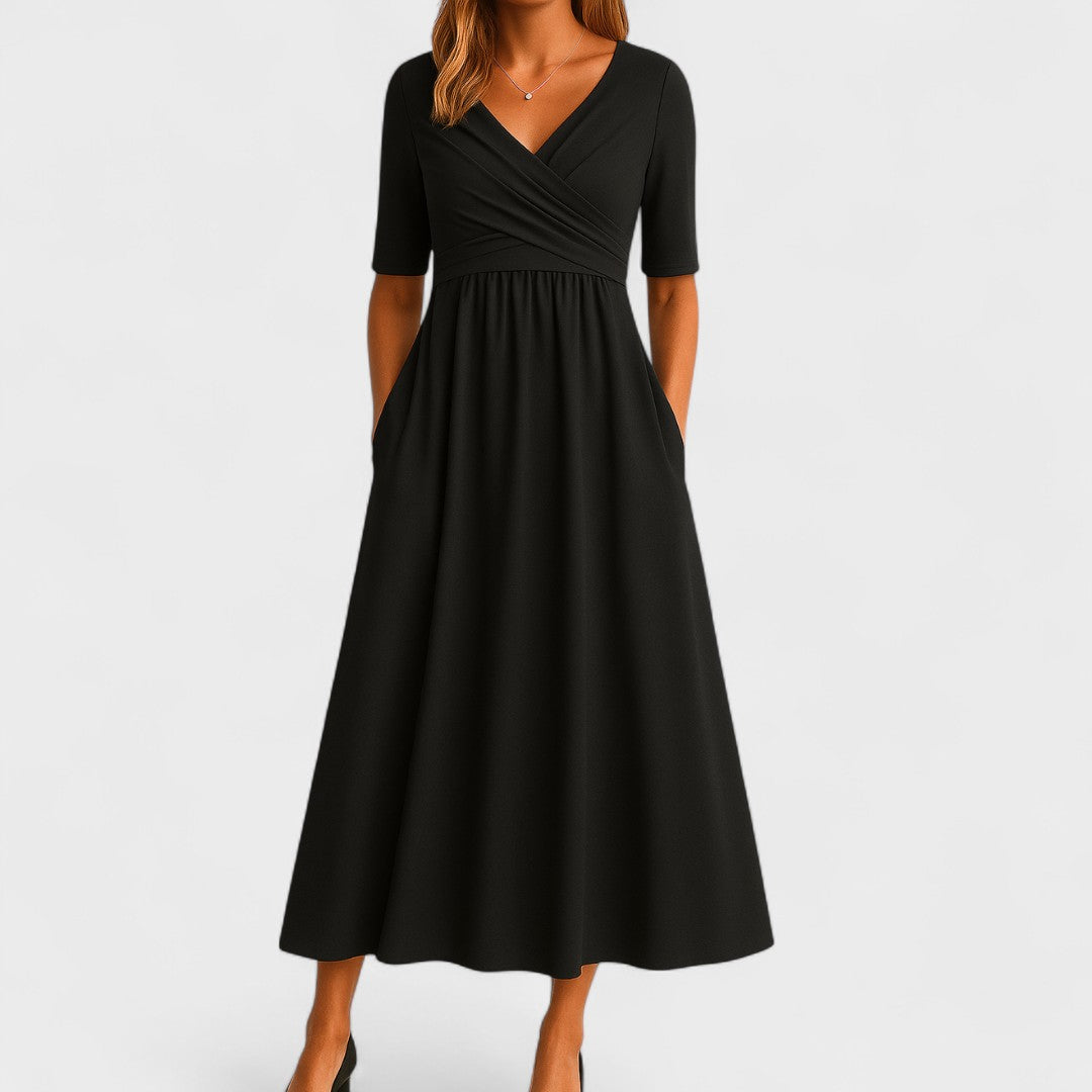 Women's Midi Dress A-Line Wrap V-Neck Three Quarter Sleeve Pockets – Formal