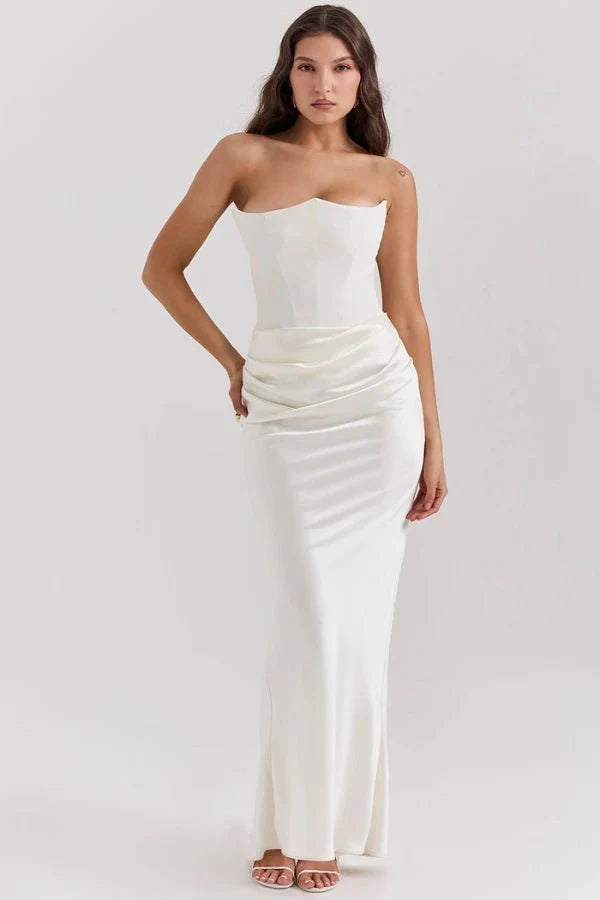 Women's Gown Strapless Corset Satin Structured Bodice Maxi Length