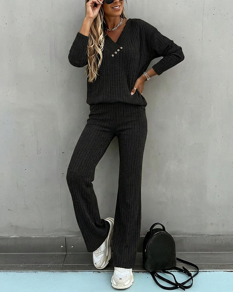 Women's Two Piece Set Ribbed Knit Relaxed Fit V-Neck Long Sleeve Straight Leg