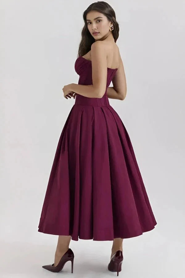Women's Midi Dress Strapless Boned Bodice Full Skirt Zip Back