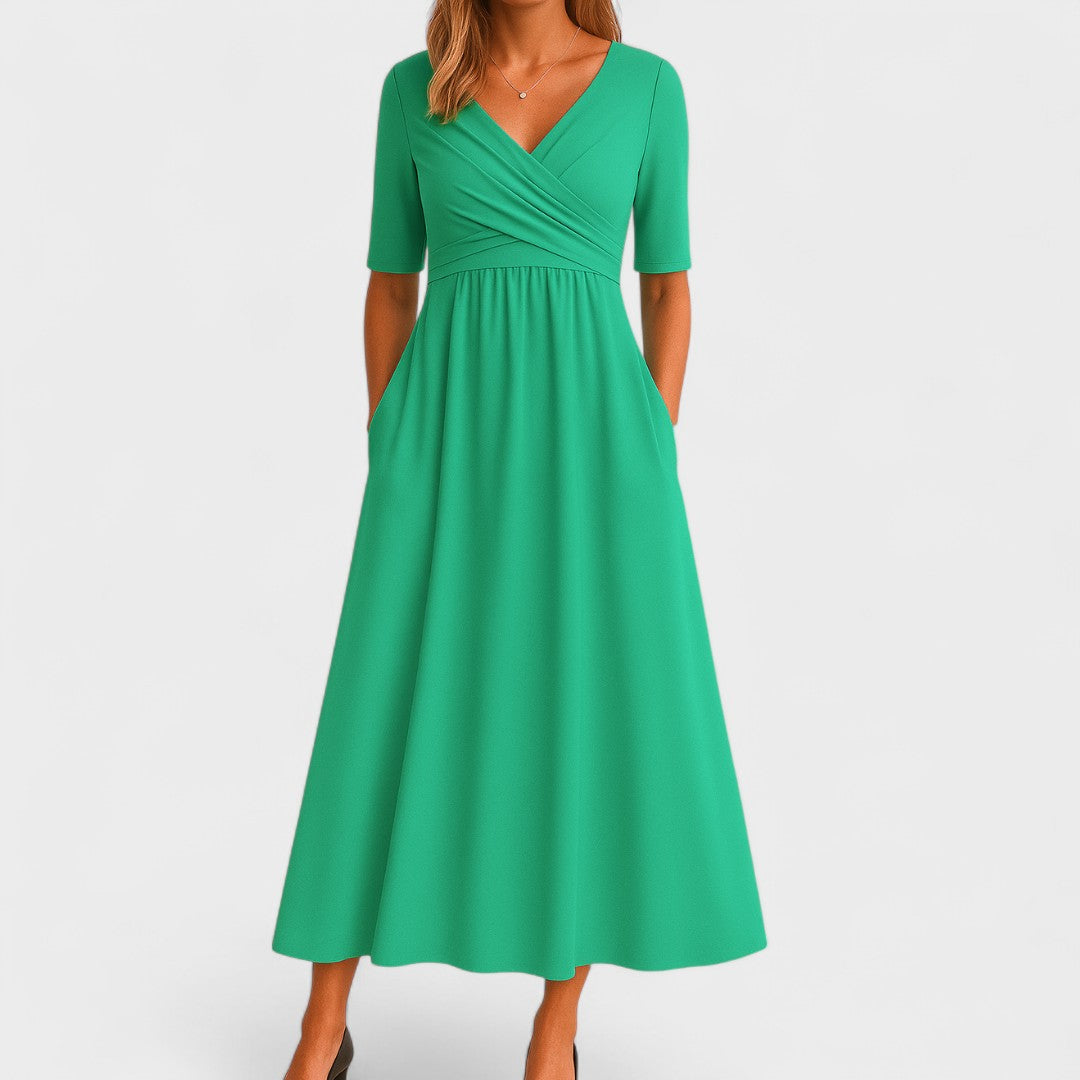 Women's Midi Dress A-Line Wrap V-Neck Three Quarter Sleeve Pockets – Formal