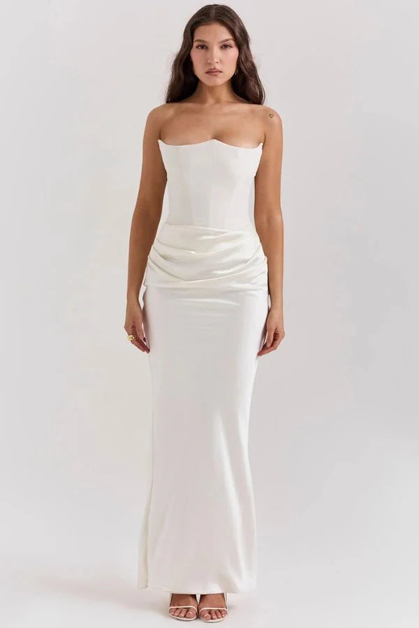 Women's Gown Strapless Corset Satin Structured Bodice Maxi Length