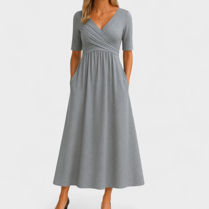 Women's Midi Dress A-Line Wrap V-Neck Three Quarter Sleeve Pockets – Formal