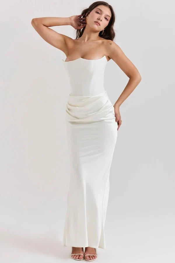 Women's Gown Strapless Corset Satin Structured Bodice Maxi Length