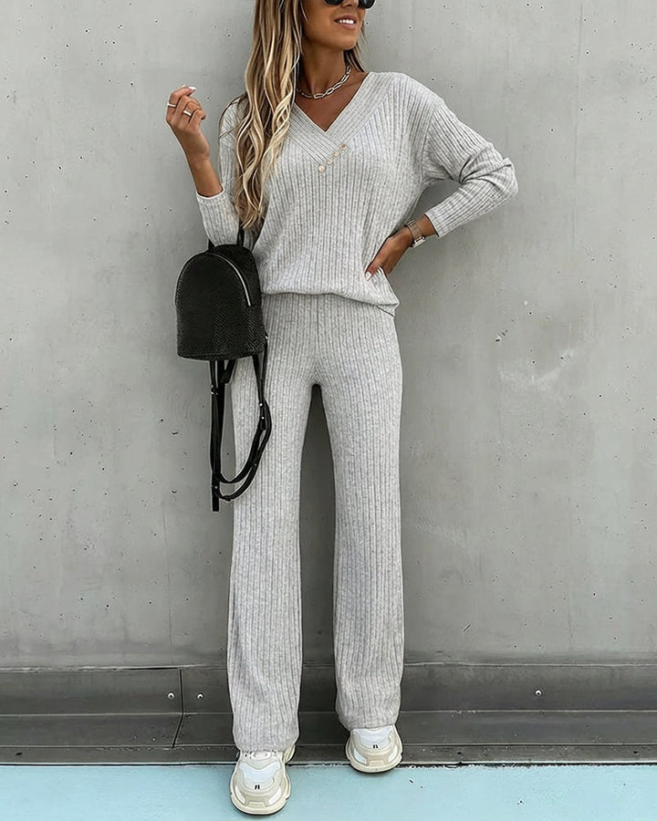 Women's Two Piece Set Ribbed Knit Relaxed Fit V-Neck Long Sleeve Straight Leg