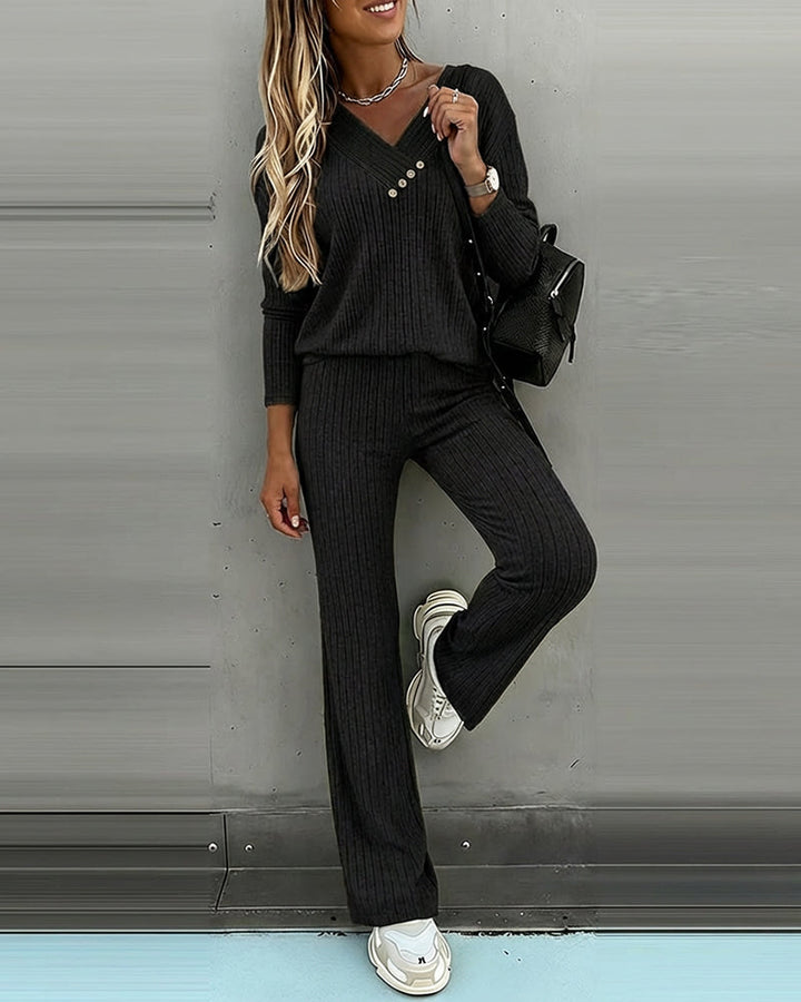 Women's Two Piece Set Ribbed Knit Relaxed Fit V-Neck Long Sleeve Straight Leg