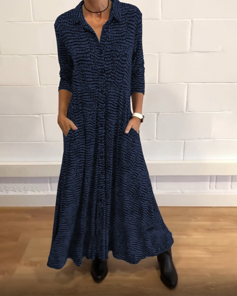 Women's Dress with Print V-Neck, 3/4 Sleeve, and Pockets