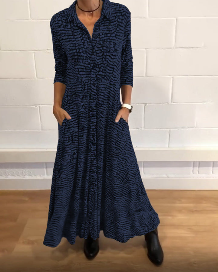 Women's Dress with Print V-Neck, 3/4 Sleeve, and Pockets